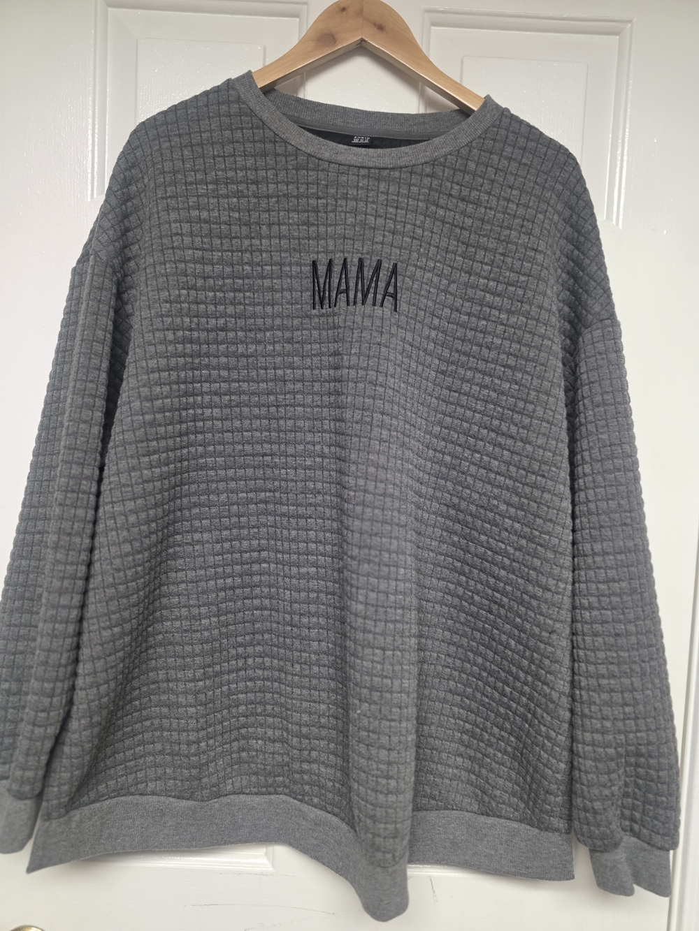 SHEIN Grey Quilted Crewneck Sweater with MAMA Embroidery